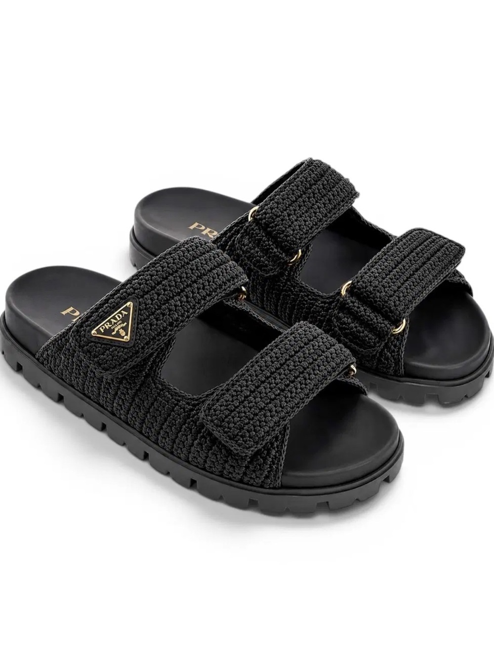 Prada Black Crochet Double-Strap Kids Slide Sandals with Gold Logo